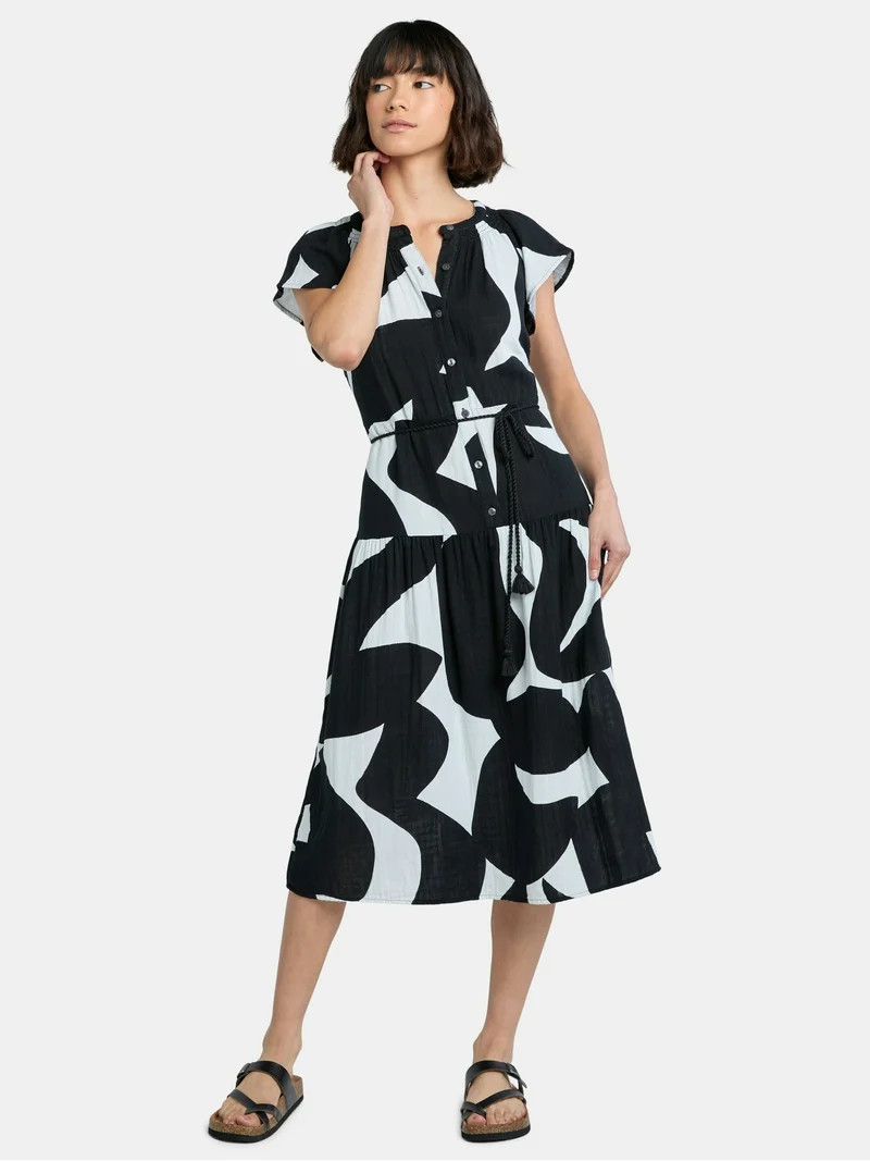 Time and Tru Women's Double Cloth Cotton Midi Dress, Sizes XS-XXXL | Walmart (US)