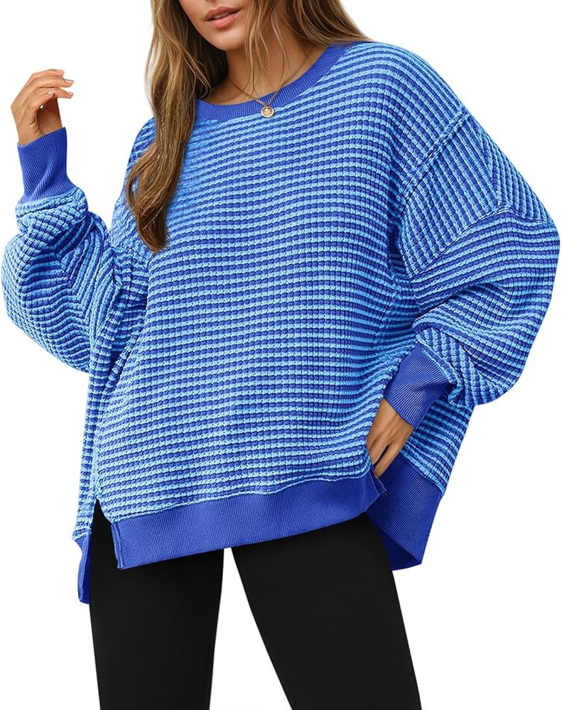 Fisoew Women's Fall Oversized Sweatshirt Casual Waffle Knit Long Sleeve Crewneck Split Pullover T... | Amazon (US)