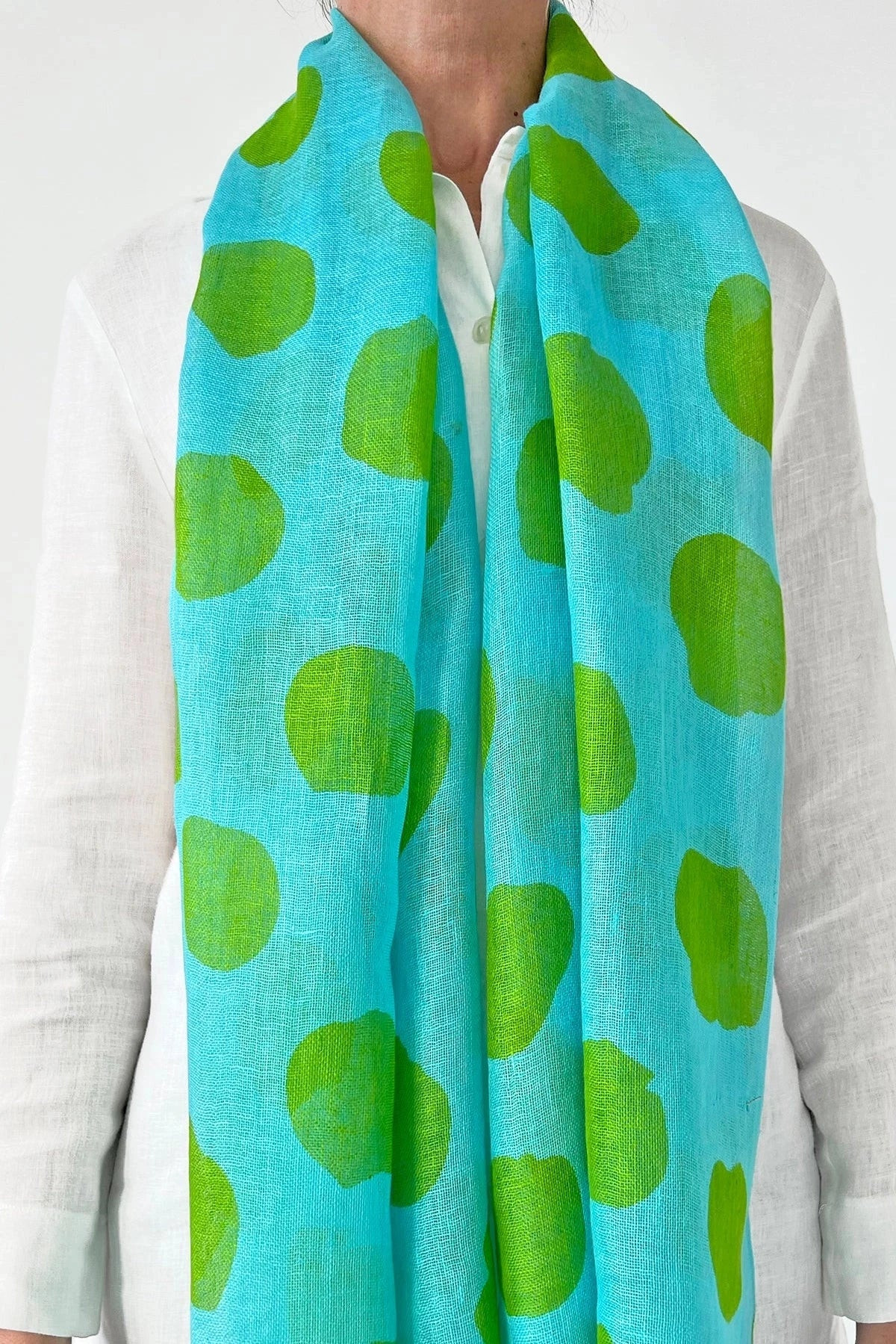 Linen Scarf- Big Smudge Dot Citron/Aqua | The Horseshoe Crab