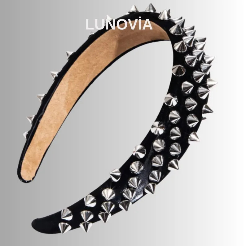 Black Leather Studded Headband with Silver Spikes, Punk Statement Padded Hair Accessory | Etsy (US)