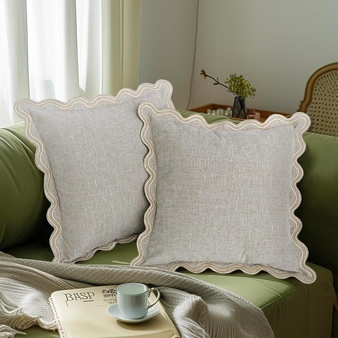 Beige Scalloped Pillow Covers - Set of 2, Double-Sided Embroidered Wavy Design, Premium Chenille ... | Amazon (US)