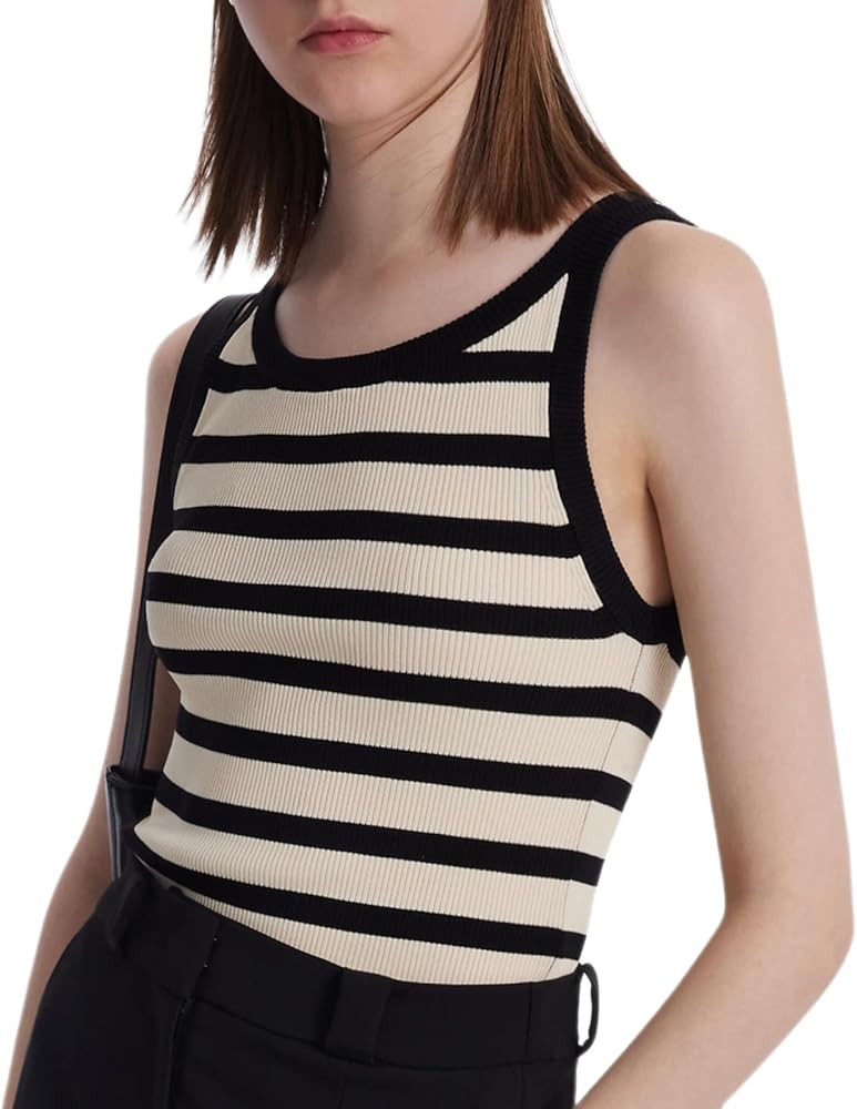 Women's Sleeveless Tank Tops Striped Crew Neck Ribbed Knit Basic Cami Shirts for Daily Casual | Amazon (US)