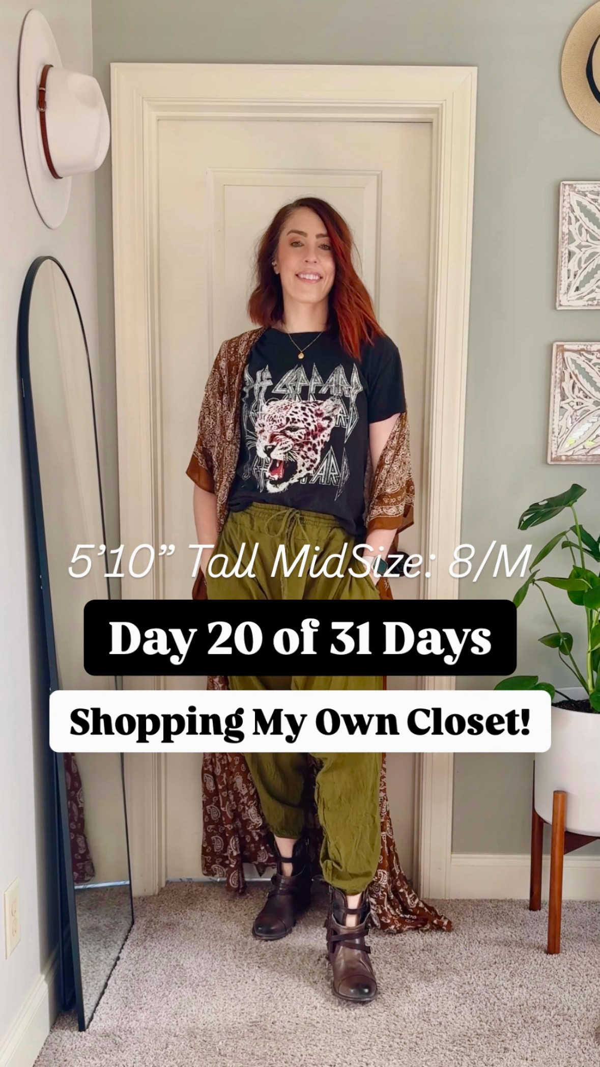 Day 20 of 31: Bringing some Boho Whimsy into my day! 💫✨ 

These olive green Buddha harem pants are as comfy as they are chic, and paired with my Def Leppard tee, paisley duster, and Freebird Crue Booties, this outfit gives off those perfectly effortless, dreamy vibes. Who says cozy can’t look this good?

Also, can we talk about how versatile a kimono duster is? Instant outfit upgrade! 💁‍♀️

Do you lean more toward bold prints or solid staples for your boho looks? Let me know below! ⬇️

#BohoWhimsy #TallWomenFashion #31DaysOfClosetMagic #WinterBoho #StyleYourCloset

#LTKStyleTip #LTKShoeCrush #LTKMidsize