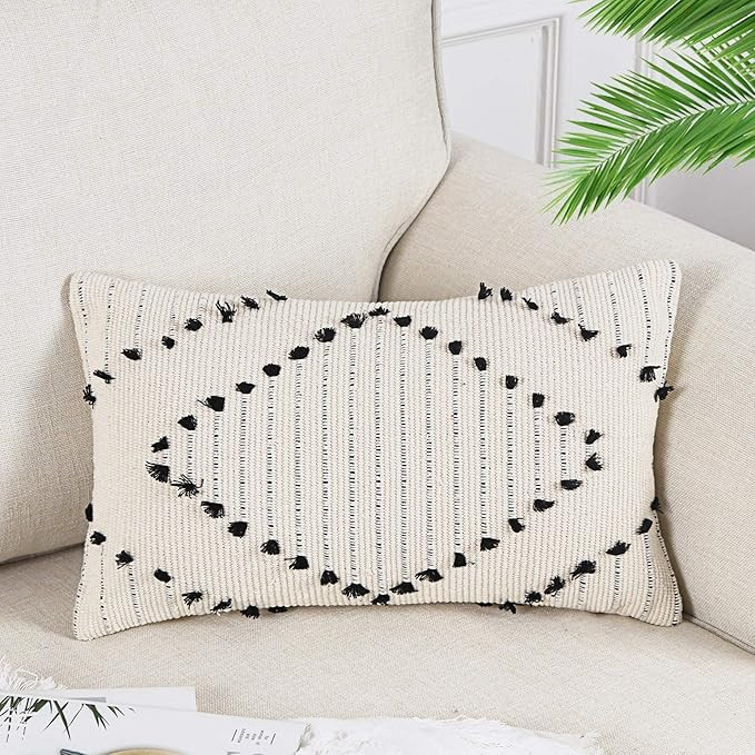 OJIA Farmhouse Diamond Black and Cream Throw Pillow Cover, Decorative Outdoor Woven Tufted Pillow... | Amazon (US)