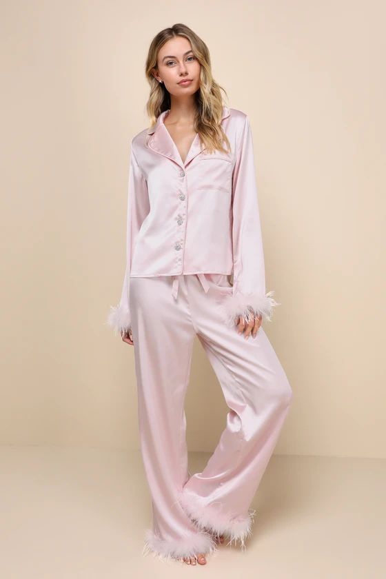 Dreamiest Delight Light Pink Satin Feather Two-Piece Pajama Set | Lulus