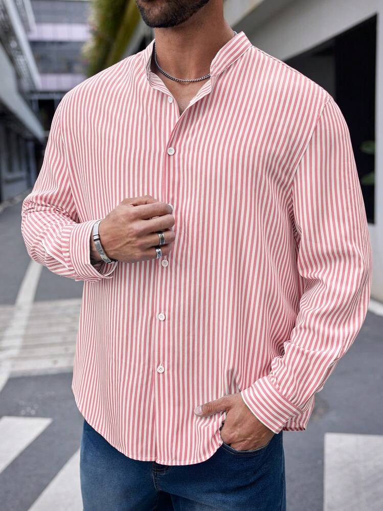 EASEVO Plus Size Men's Casual Pink & White Striped Long Sleeve Shirt | SHEIN