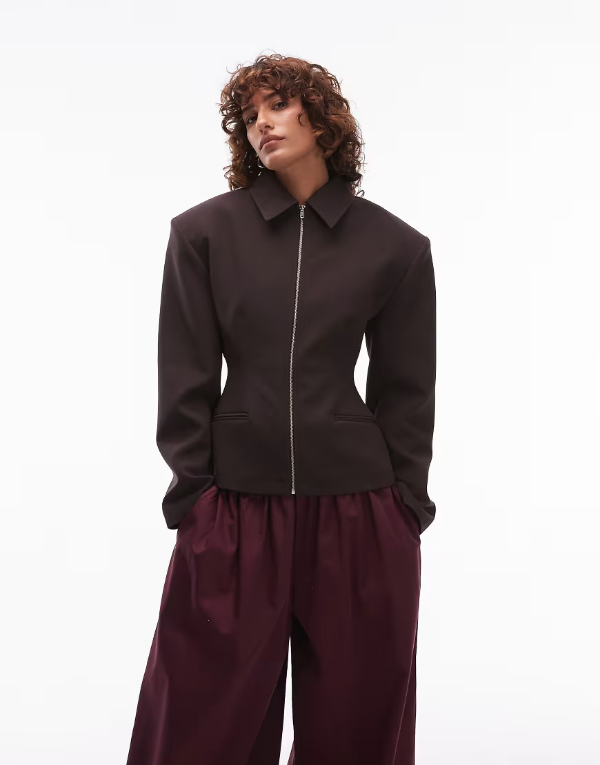 ASOS DESIGN tailored sculpted cinch waist zip up jacket in chocolate-Brown | ASOS (Global)