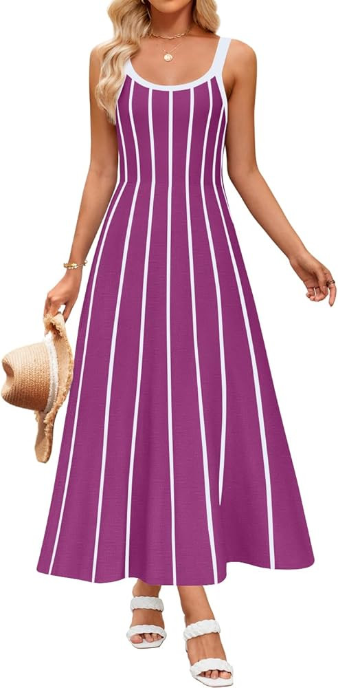 ZESICA Womens 2025 Summer Sleeveless Striped Midi Dresses Casual A Line Swing Knit Long Dress Bea... | Amazon (US)