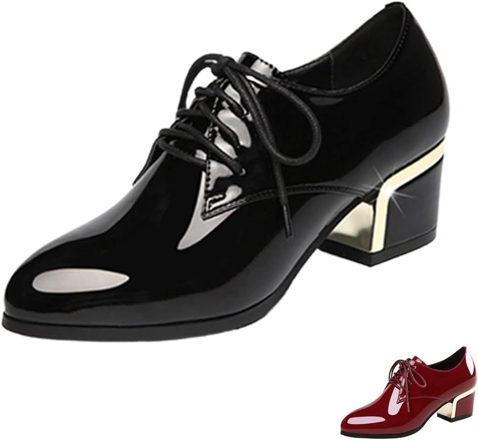 Women's Patent Leather Shiny Chunky Heel Oxfords Classic Comfortable Pointed Toe Lace Up Block He... | Amazon (US)
