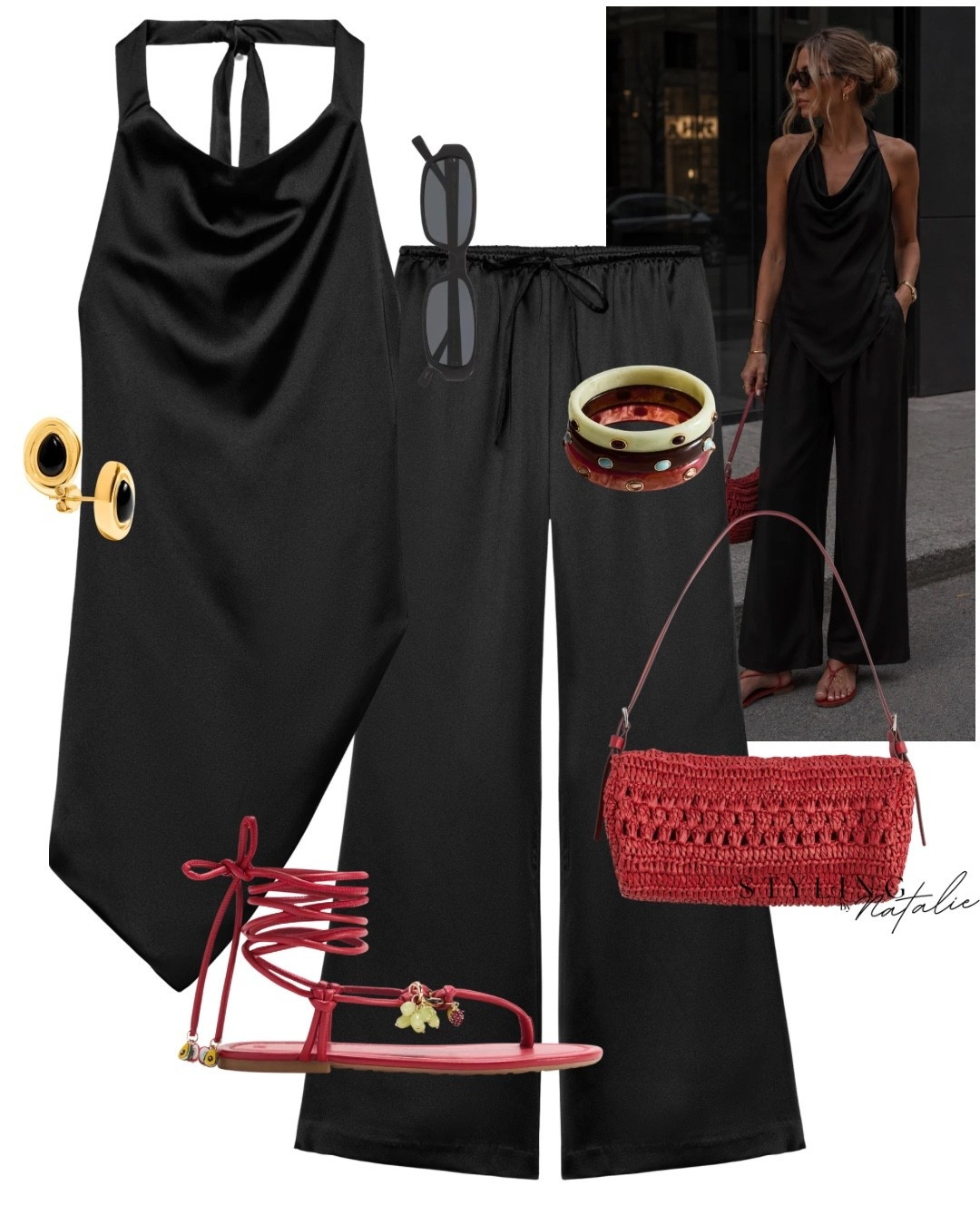 Summer holiday co-ord set✨ Asymmetrical satin halter drape top with matching satin pull on trousers, beaded strappy sandals, red bag and mixed colour bracelets. 
Date night, holiday outfit, summer look, Zara style, matching set, Ibiza look.

#LTKsummer #LTKeurope #LTKstyletip