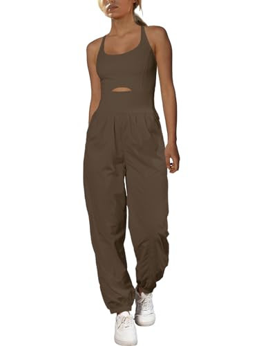 SENSERISE Womens Athletic Romper Workout Onesie Hiking Jumpsuit Running Outfit One Piece Activewear with Pockets(Coffee Brown,L) | Amazon (US)