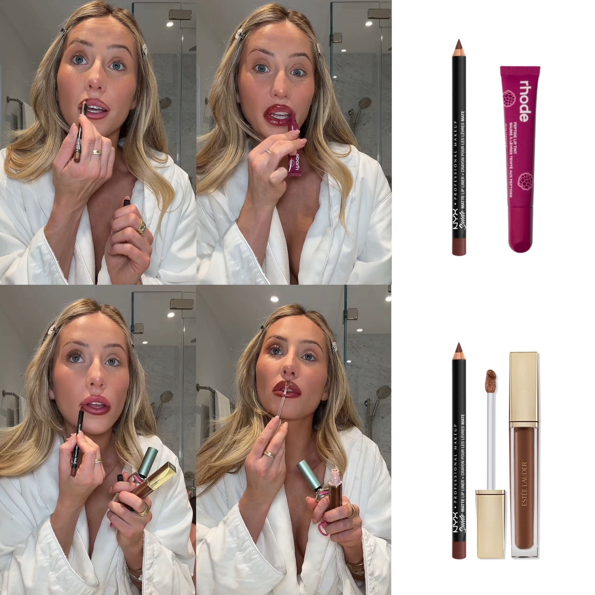 Alix Earle lip liner is the NYX Suede Matte Lip Liner in the shade Cold Brew. Her first attempt at gloss is the Rhode Scented Peptide Lip Tint in Raspberry Jelly, but she switched it in favor of the Estée Lauder Glossy Pout Tinted Lip Oil

#LTKBeauty #LTKHoliday