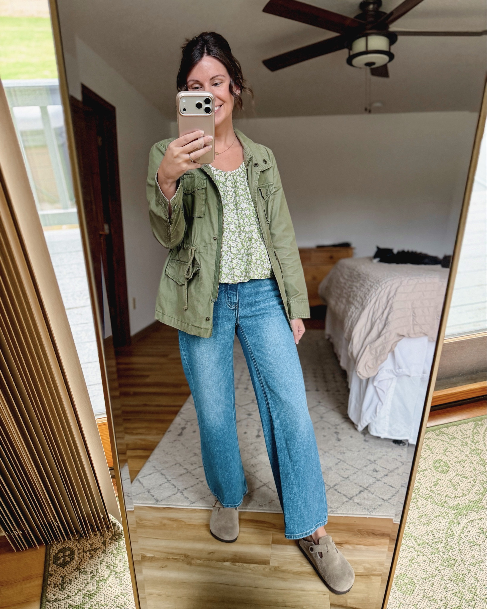 Xs petite in my floral shirt (100% cotton too! Green is selling out but other colors/prints available !) and my jacket is like 10-15 years old but old navy brought back an almost exact one. I have xs petite in mine. My jeans are are size 24 in the 26” inseam! So comfy! My clogs are size 6. 

#LTKootd #LTKPetite #LTKgrwm