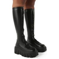 Quest Zip Up Chunky Sole Knee High Boots, Black | Public Desire