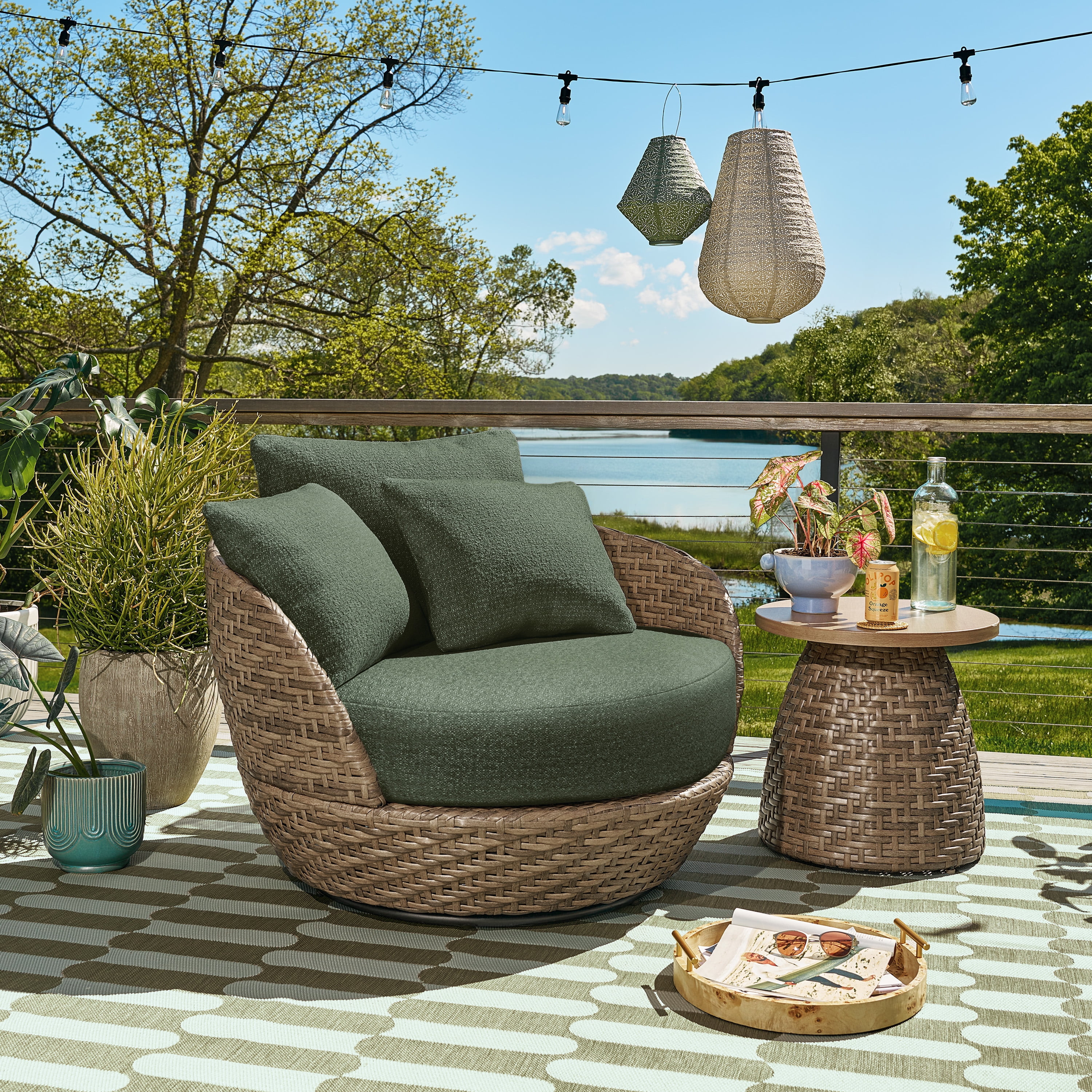 Beautiful Wicker Outdoor Swivel Chair with Boucle Cushions & Cover by Drew Barrymore, Brown/Thyme | Walmart (US)