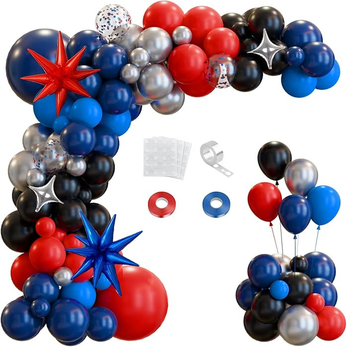 147pcs Spider Balloon Arch Kit with Starburst Balloons Navy Blue Red Black Silver Superhero Baseb... | Amazon (US)