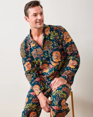 Organic Flannel Long Sleeve and Pants Pajama Set in Turkey Trot | Men's S | Navy | | Sleepwear | Printfresh