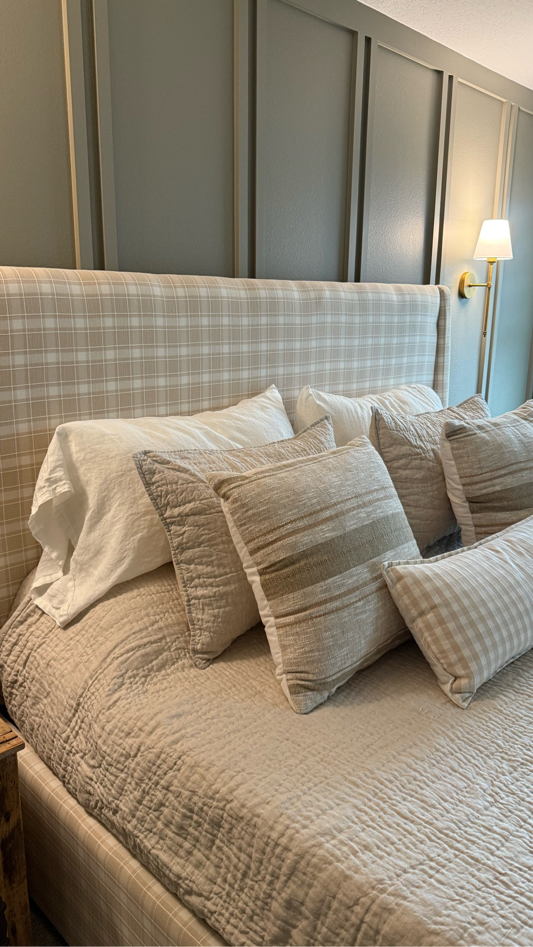 Bedroom reveal! 🥹 I am so proud of this room. 

We reupholstered our bed frame with a patterned tablecloth! Upleveled our IKEA dresser to look a bit more vintage. Installed wall sconces and added double board and batten! The color is to die for and I’m so happy with how everything turned out. 

For now we get to rest in this beautiful space. 

#diy #homeimprovements #makingahouseahome #bedroomdesign #bedroom #reveal #boardandbatten #stripes #plaid #potterybarn #bedding #neutrals #neutralbedding 

#LTKHome