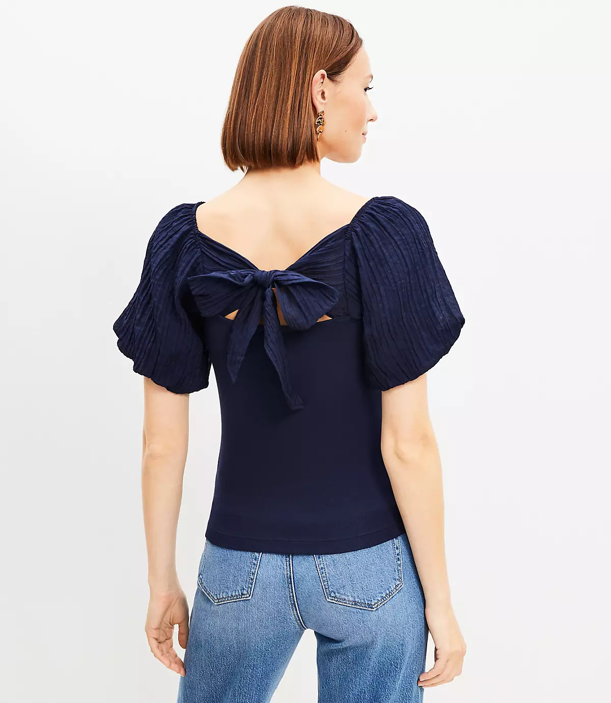 Tie Back Bubble Sleeve Mixed Media Top | LOFT