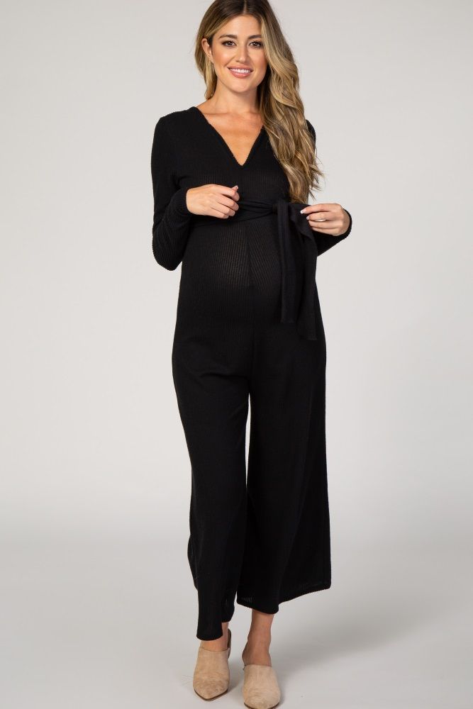 Black Ribbed Knit Long Sleeve Wide Leg Maternity Jumpsuit | PinkBlush Maternity