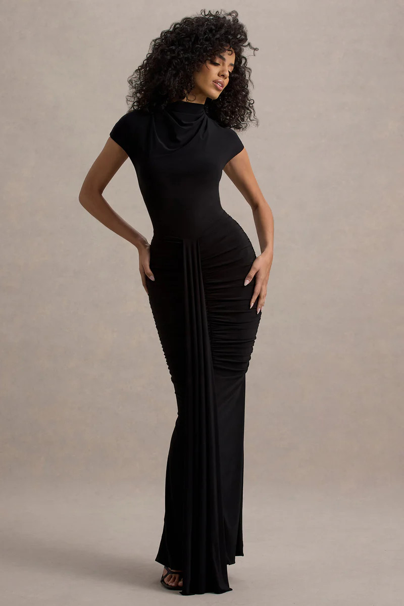 Lorenza  Black High-Neck Ruched Maxi Dress With Draped Skirt | Club L London