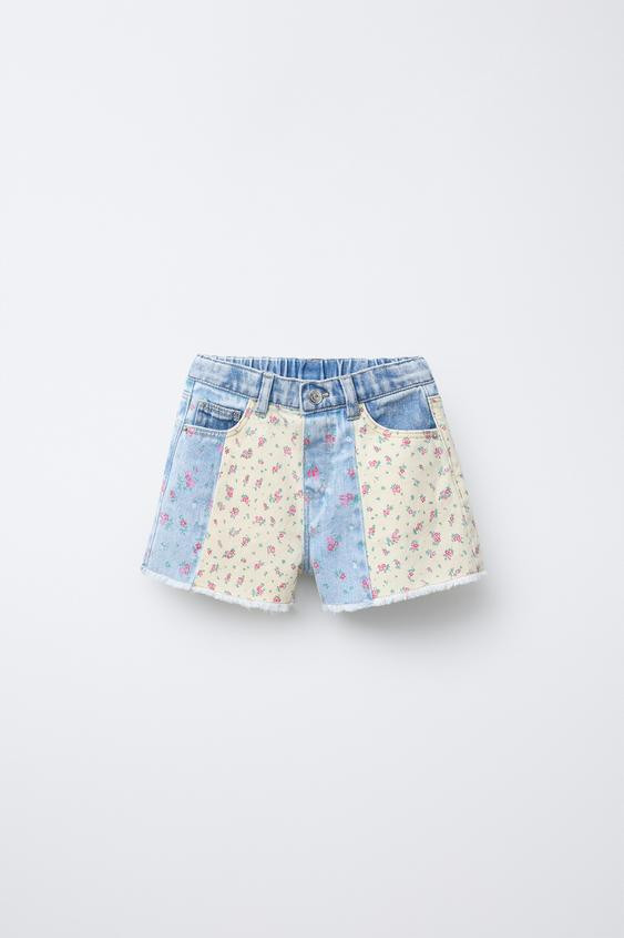 HIGH-WAISTED PATCHWORK FLORAL DENIM SHORTS | Zara US