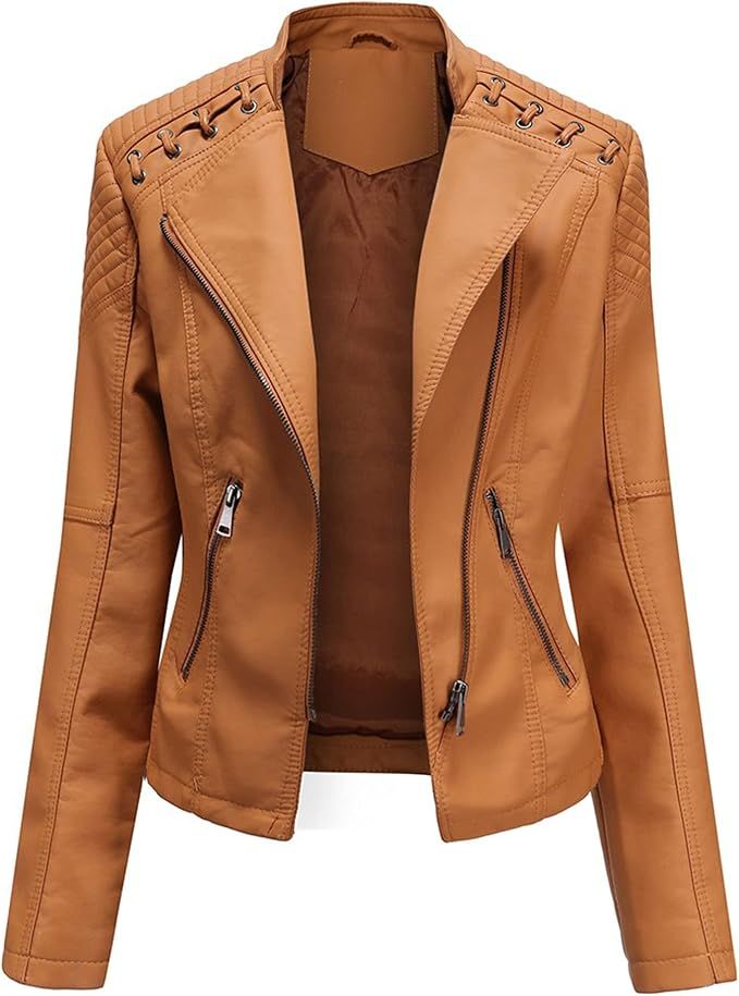 REIRQIE Women's Faux Leather Moto Jacket Slim Thin Leather Jacket | Amazon (US)