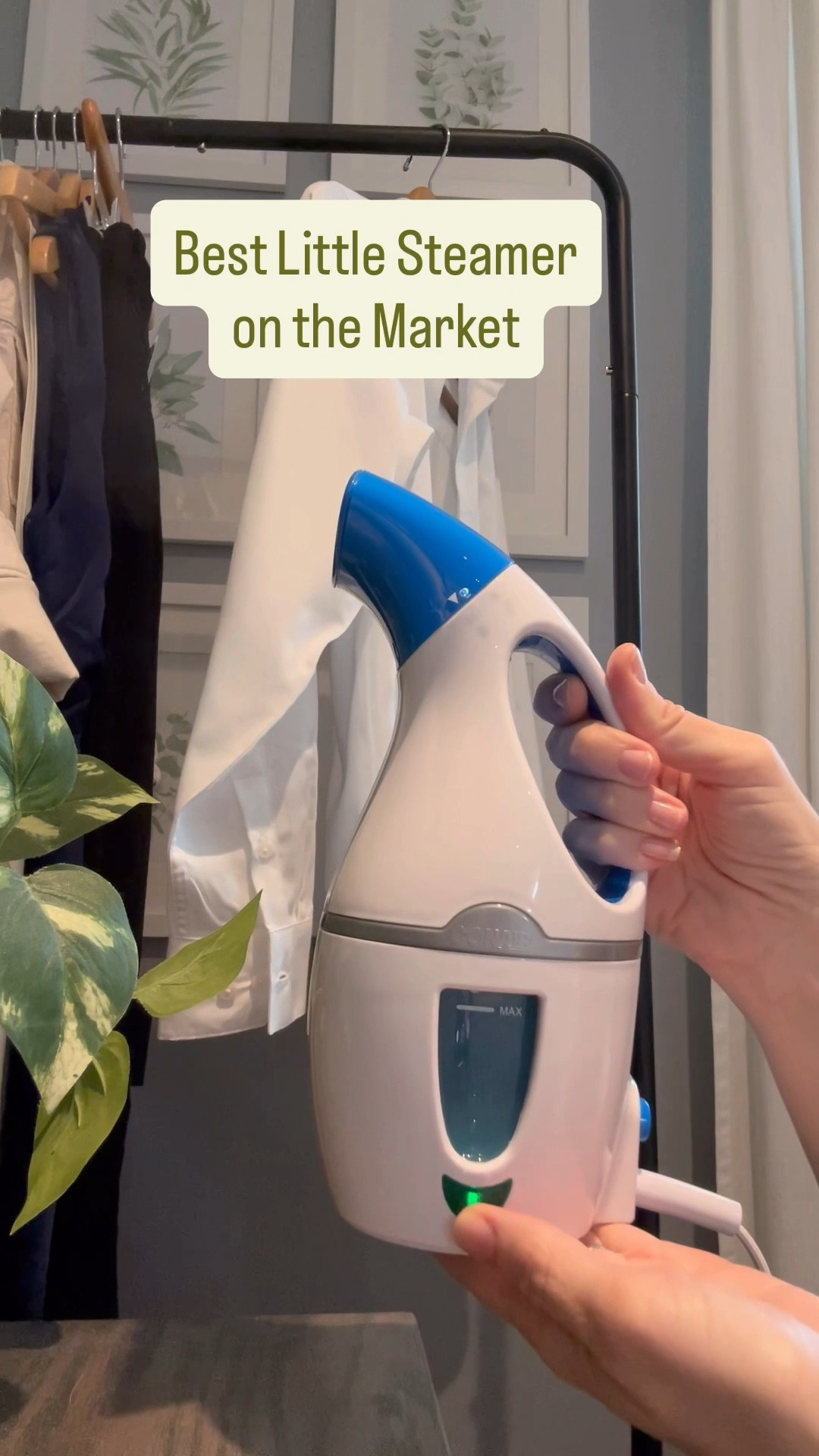 •Easier than ironing
•Better for your clothes than the dryer
•makes clothes look fresh and crisp

There are lots of handheld steamers out there, but my favorites are  by Conair. This one takes about a minute to heat up and is very easy to store in your closet. Use a hand mitt to protect your free hand from the hot steam, while giving you a firm surface to easily steam out wrinkles.

Honorary mention for the Conair Handheld Garment Steamer (black steamer linked below), which has a few more features than the Conair Complete Steam Portable Steamer seen in this video. I’ve used both and am impressed with what they both can do.

Garment care