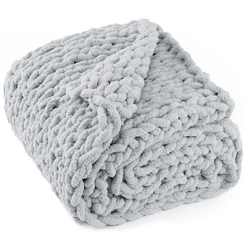 LONG CREATE Chunky Knit Throw Blanket 50"X 60", 100% Handmade with Soft Chenille Yarn, 4.4lbs Thick Cable Knitted Blankets, Large Rope Knot Crochet Throws for Couch Sofa Bed Home Decor, Light Grey | Amazon (US)