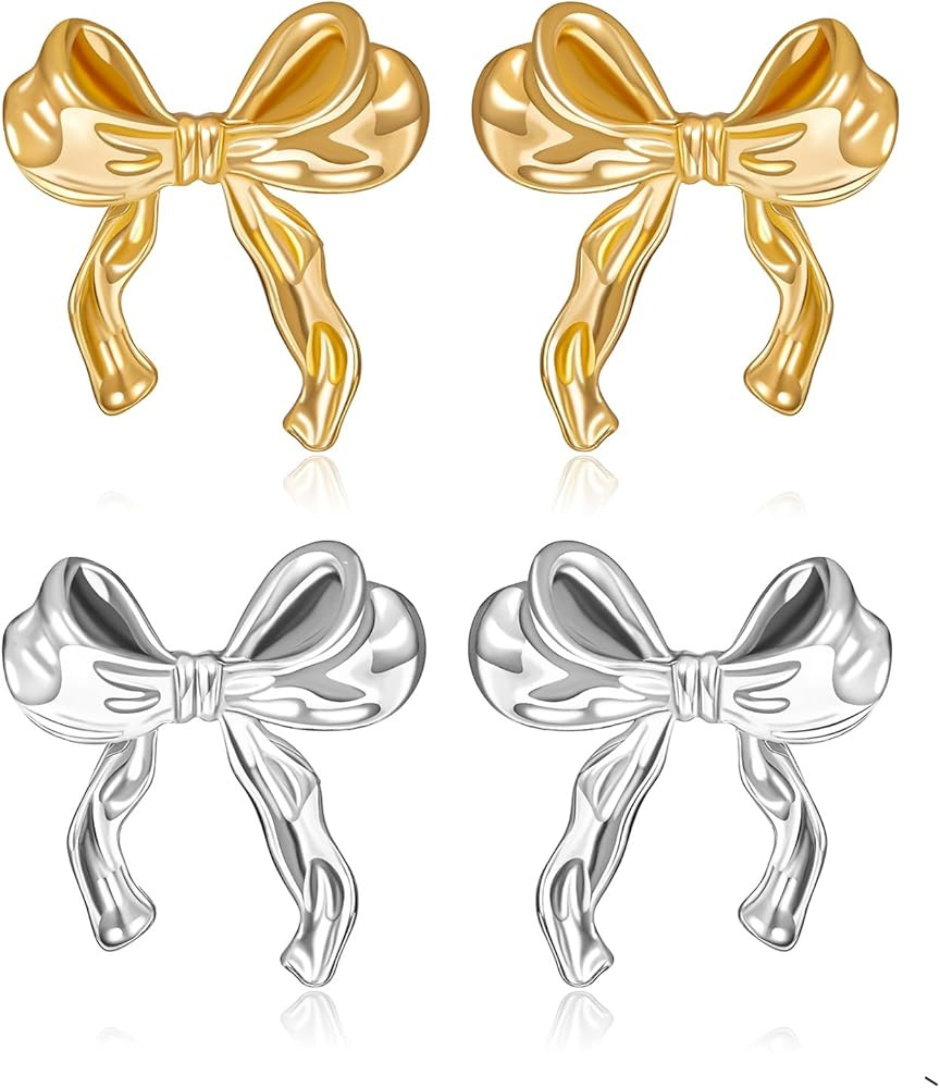 Gold Silver Bow Earrings for Women - Classic Ribbon Stud Earrings, Cute BowKnot Trendy Jewelry | Amazon (US)