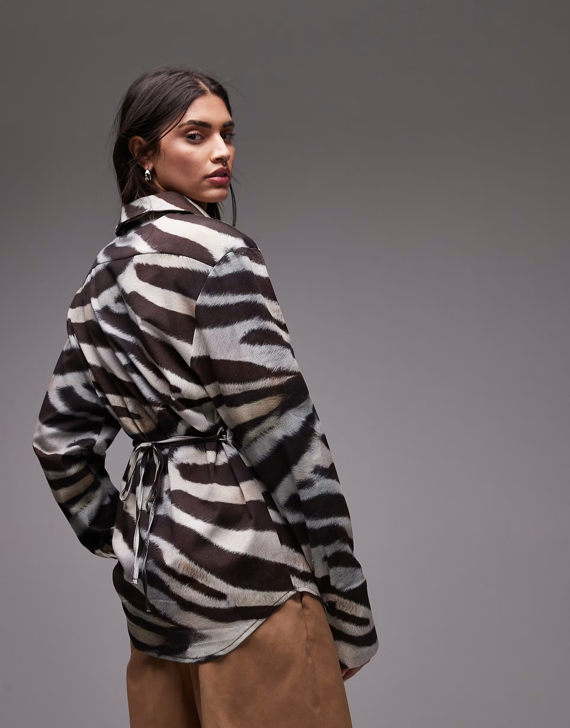 ASOS DESIGN shoulder pad cinch waist shirt in zebra print | ASOS (Global)