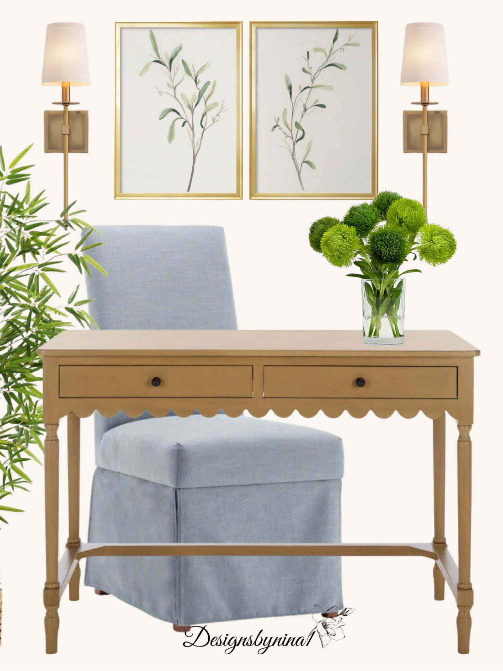 Home Office Refresh!

Home Decor | Wood Scalloped Edge Desk | Blue Upholstered Chair | Wall Art | Sconces | Faux Houseplant | Spring Refresh