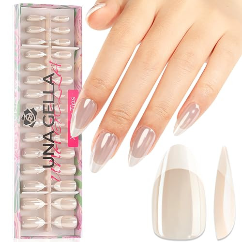 UNA GELLA Almond French Tip Press on Nails 150Pcs White Pearl Almond French Tip Gel X Nails Mirror Effect Pre-finish Chrome Powder 4 In 1 X-Color Tips No Need to File Fake Nails for DIY 15 Sizes | Amazon (US)
