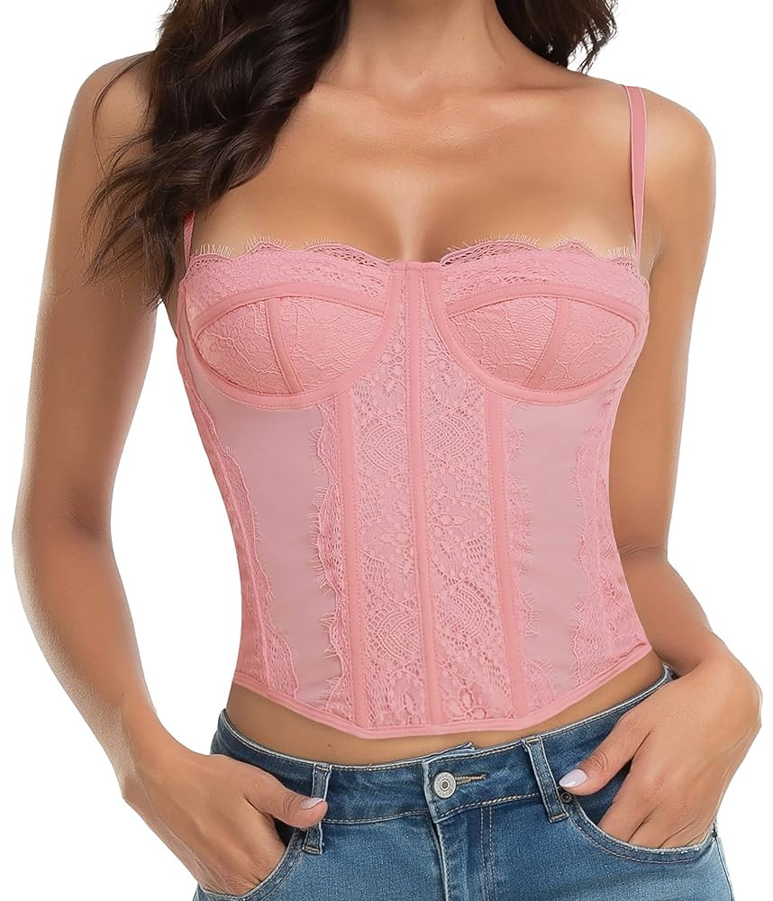 Lace Bustier Corset Tops for Women - Sexy Going Out Party Club Top with Buckle | Amazon (US)