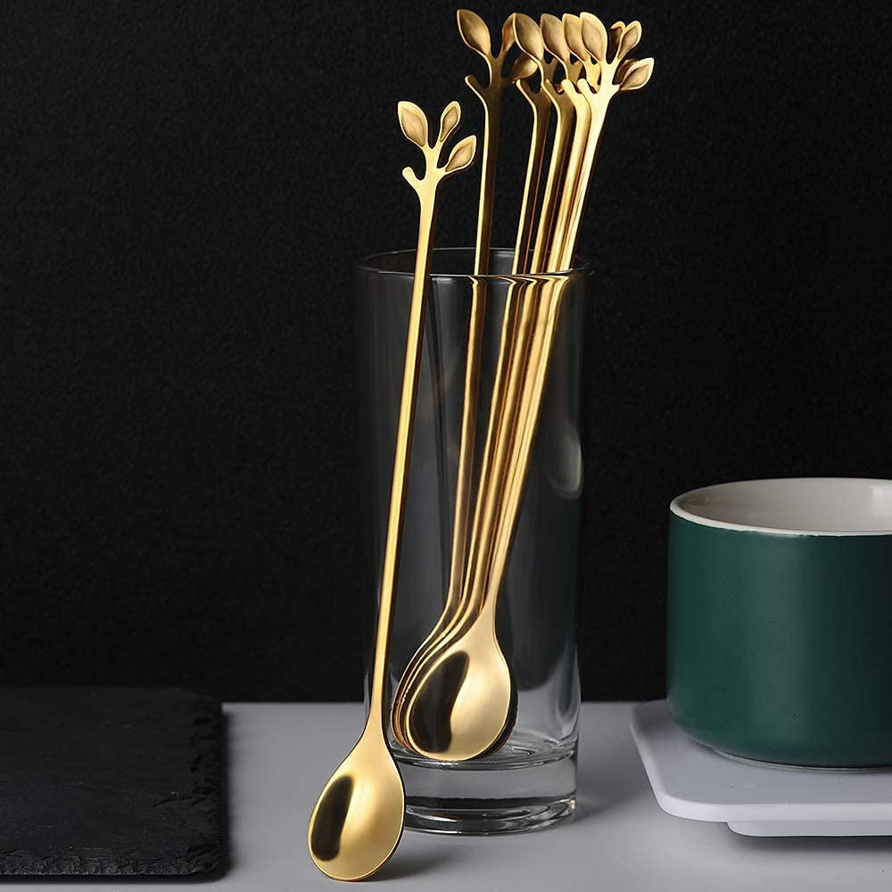 AnSaw 6-Piece Elegant Gold Leaf Long Handle Teaspoons - 7.4" Stainless Steel Stir Spoons for Coff... | Amazon (US)
