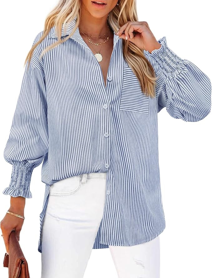 Womens Striped Button Down Shirts Smocked Long Puff Sleeve Oversized Boyfriend Blouses Loose Pock... | Amazon (US)