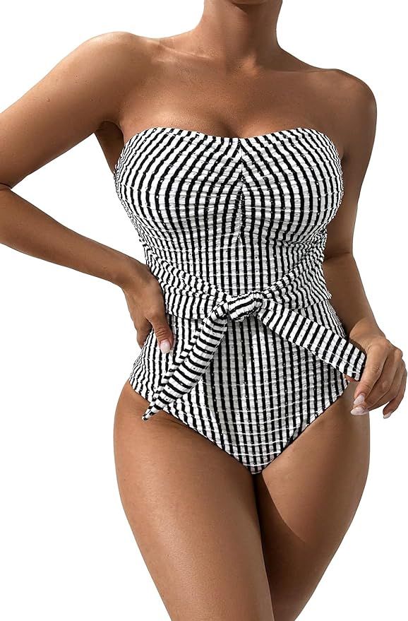 Floerns Women's Striped Knot Front Ruched Bandeau One Piece Swimsuit Strapless Beach Bathing Suit | Amazon (US)