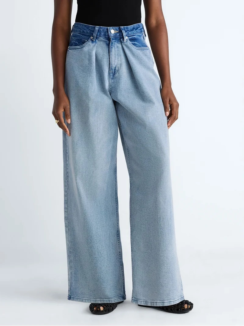 Scoop Women's and Women's Plus Mid-Rise Colorblock Wide Leg Jeans, Available in Short, Reg, and L... | Walmart (US)