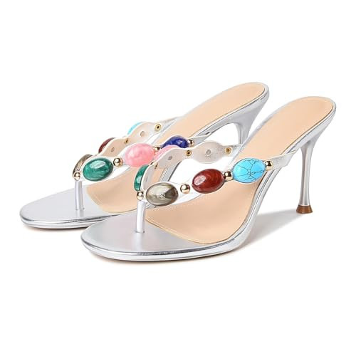 DREAMSTORY Women's Jeweled Thong Strappy Heels Sandals Comfortable Round toe High Heel Dressy Summer Sandals for Wedding Party Beach Flip Flops Slip On Casual Shoes Wear Silver，7.5 | Amazon (US)