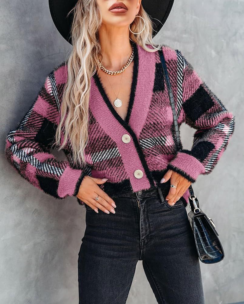 Imily Bela Womens Cardigan Sweaters Plaid Fuzzy Knit V Neck Button Down Long Sleeve Cozy Cardigans P | Amazon (US)