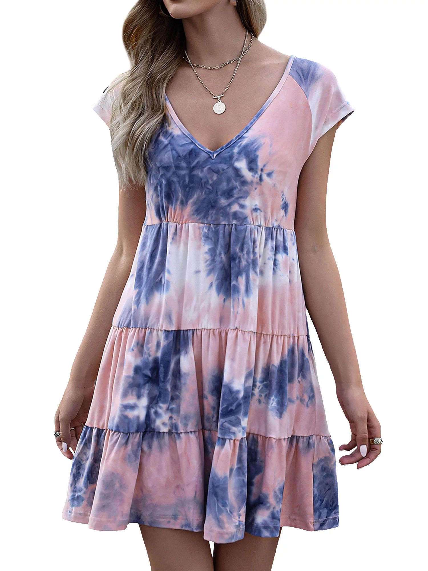 Nlife Women Tie Dyed Print V Neck Short Sleeve Ruffled Hem Pleated Mini Dress | Walmart (US)