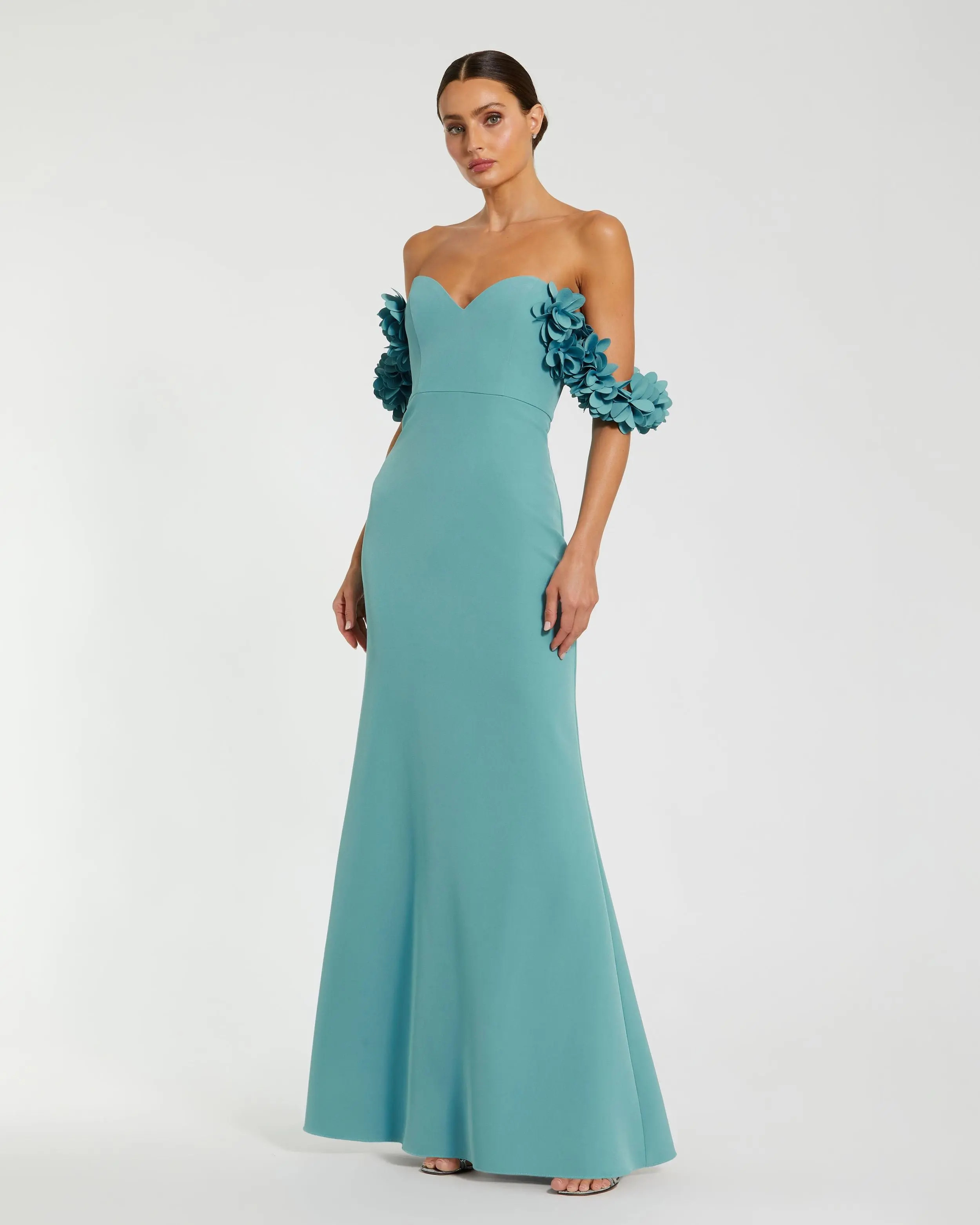 Blue Crepe Off The Shoulder Gown With 3D Flowers | Mac Duggal | Mac Duggal