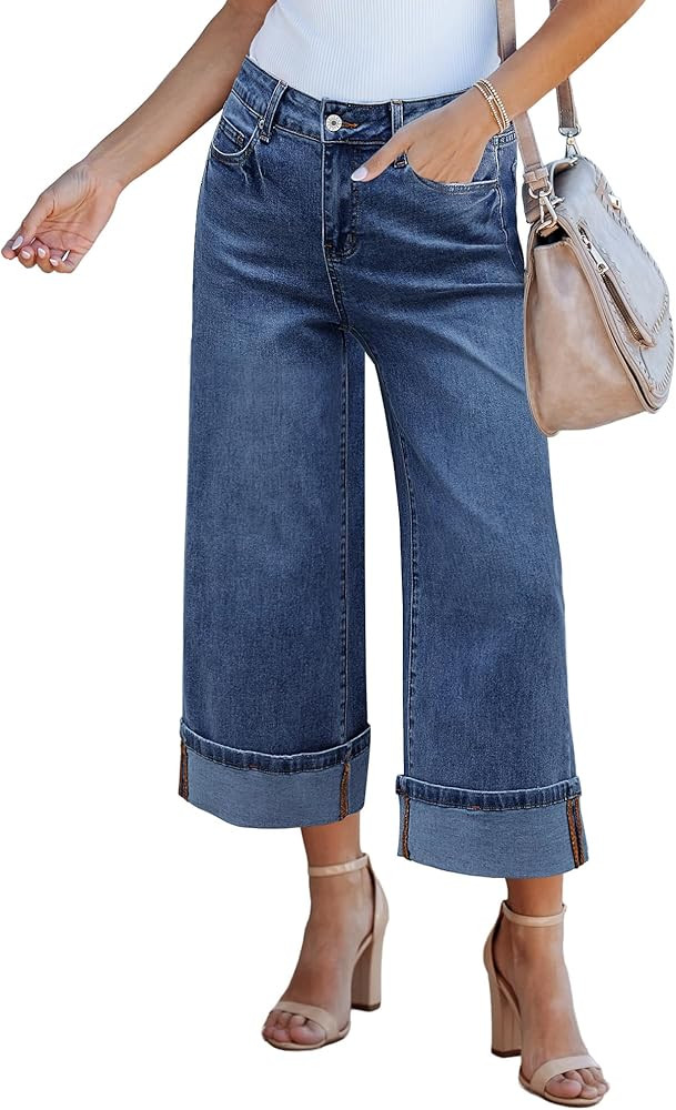 GRAPENT Wide Leg Jeans for Women High Waisted Stretchy Denim Crop Pants Fold Hem Cropped Baggy Je... | Amazon (US)