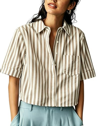 AMEBELLE Women's Striped Short Sleeve Cropped Button Down Shirt | Amazon (US)