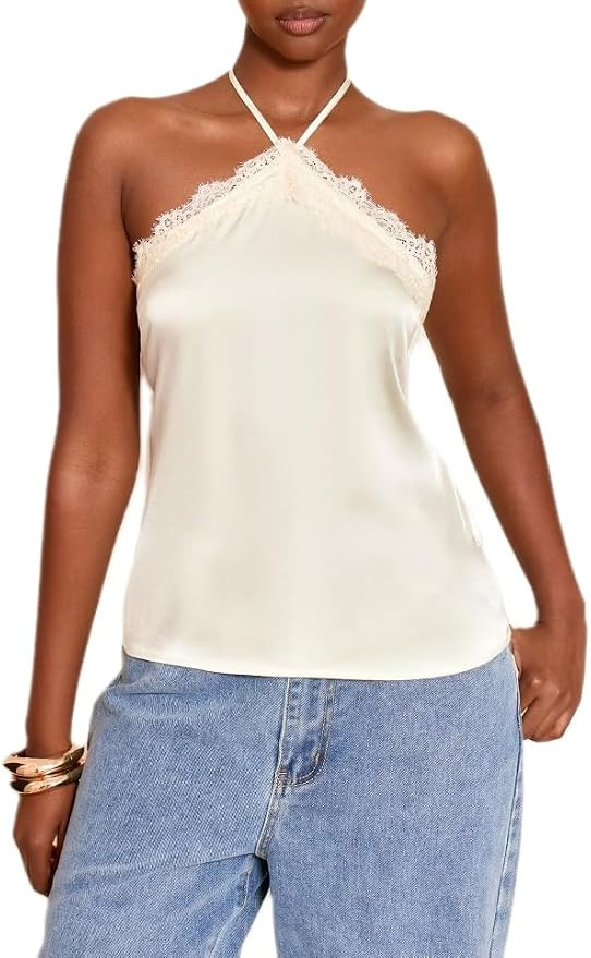 Giraropa Women Lace Trim Halter Neck Tank Top Slim Fit Silk Satin Tops | Sexy Tie Up Backless Shi... | Amazon (US)
