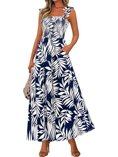 PRETTYGARDEN Womens Summer Dresses Floral Sleeveless Smocked Maxi Dress Boho Spaghetti Strap A Line Flowy Beach Long Sundress(Floral Navy,Medium) | Amazon (US)