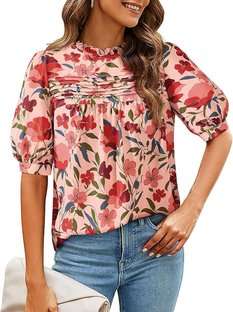 PRETTYGARDEN Floral Tops for Women Blouses Dressy Casual 2025 Summer Trendy Outfits Boho Pleated ... | Amazon (US)