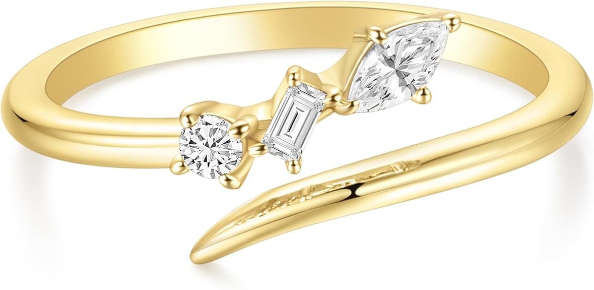 TIGRADE 14k Gold Plated Open Rings Dainty Baguette Marquise Round Cubic Zirconia Stackable Ring f... | Amazon (US)