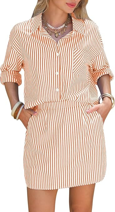 EXLURA Womens Summer 2 Piece Sets 100% Cotton Striped Long Sleeve Button Shirts Matching Skirt Be... | Amazon (US)