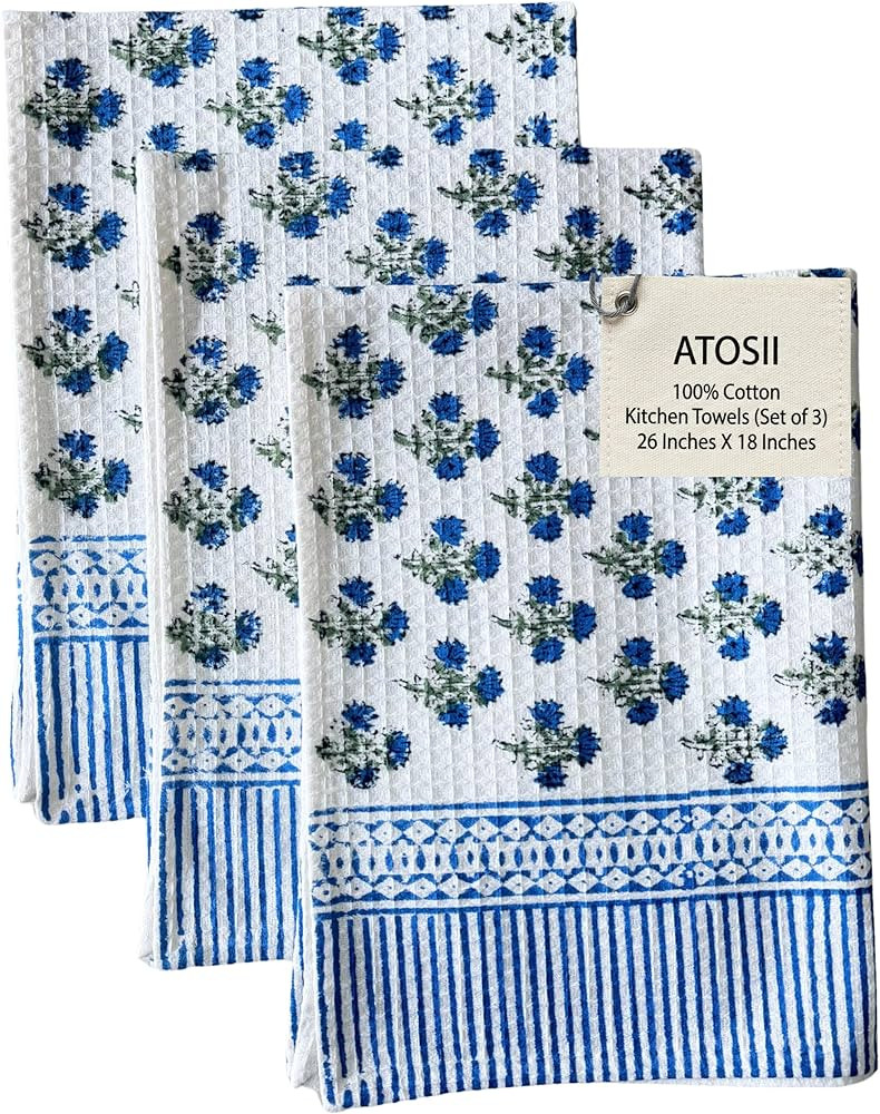 ATOSII 100% Cotton Hand Block Print Waffle Kitchen Towel, Set of 3, 18 x 26 Inches Ultra Absorben... | Amazon (US)